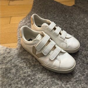 Veja White and Gold Velcro Sneakers
